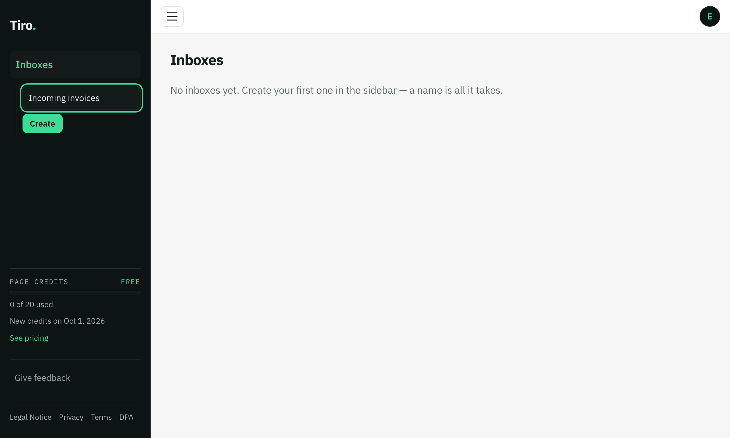 App sidebar: a new inbox “Incoming invoices” is created with nothing but its name.